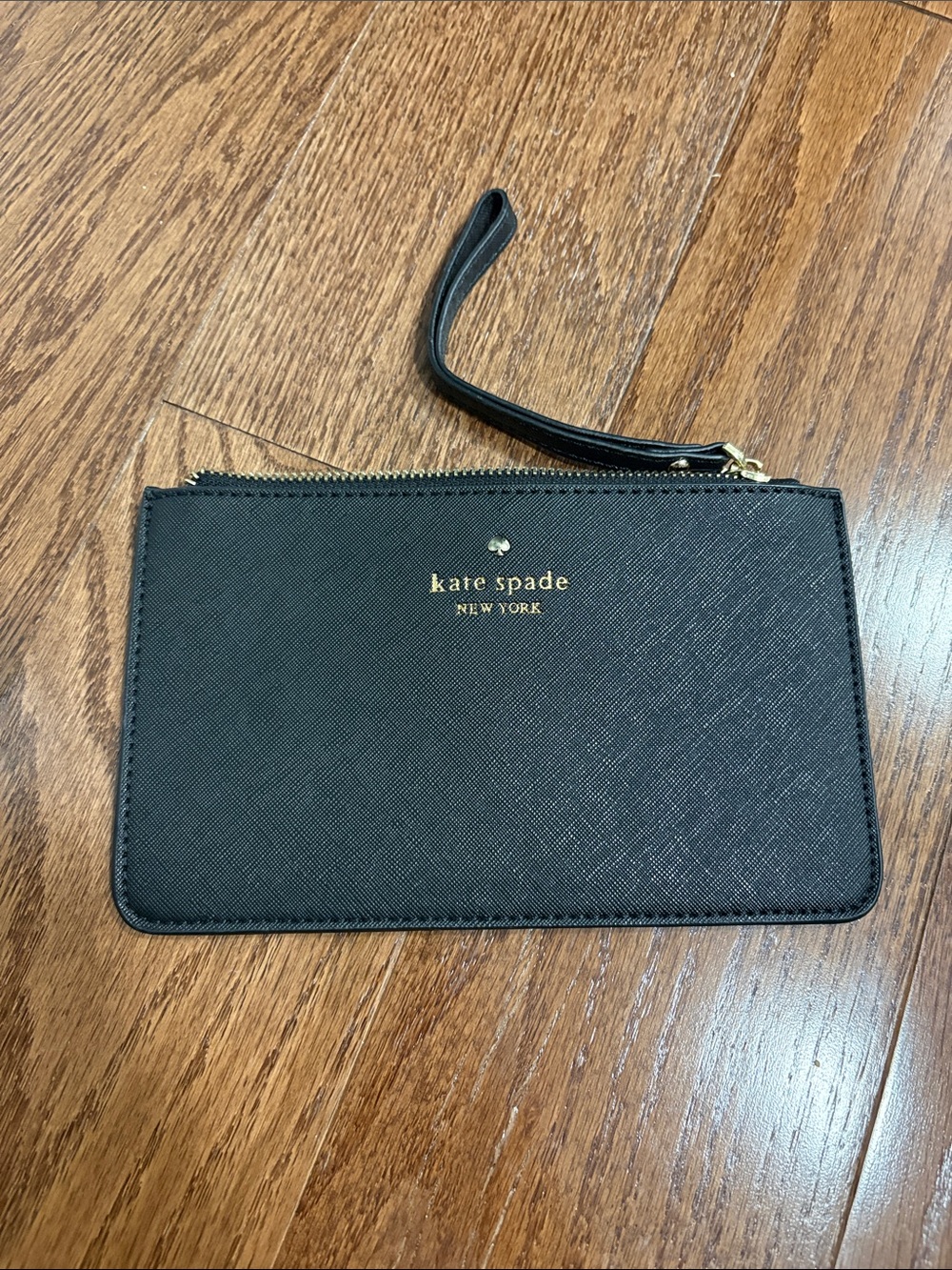 kate spade Black Saffiano Leather Wristlet Card Holder with Gold Logo
